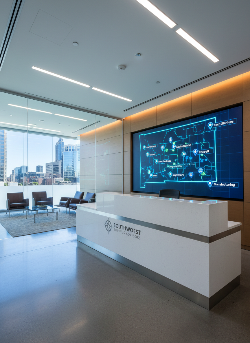 A clean, glass-walled corporate office interior featuring a prominent reception counter made of white stone with a brushed metal edge, bearing a subtle engraved logo for a business brokerage firm. Behind the counter, a large wall-mounted digital display shows a stylized map of New Mexico with glowing markers over key cities and icons representing different business sectors. Cool, balanced LED ceiling lights and soft ambient lighting from hidden wall fixtures create a bright yet welcoming ambiance. Photographic realism, captured from a slightly elevated angle to showcase the expansive lobby, polished concrete floors, and minimalist seating area with leather chairs. The composition emphasizes transparency, trust, and long-term experience in listing and selling businesses of all sizes.