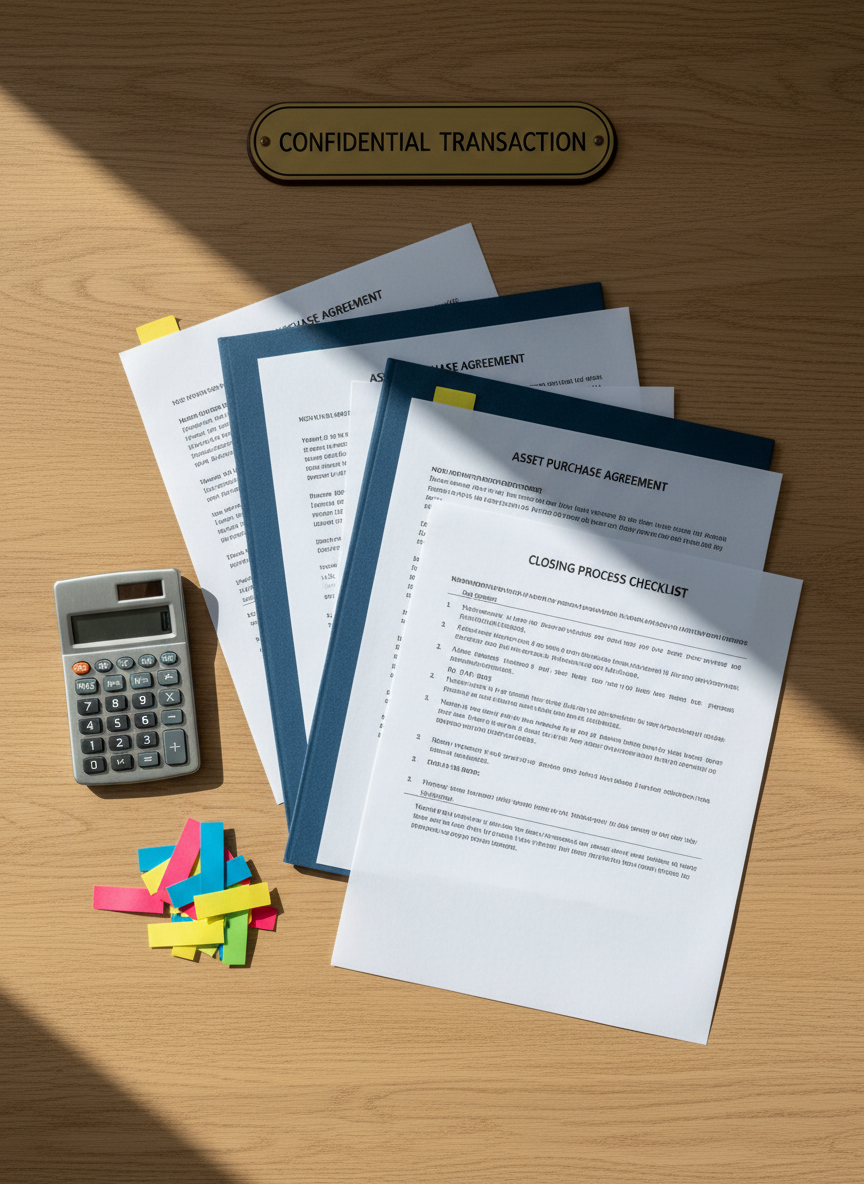 A meticulous flat lay of business transfer documents arranged on a smooth, light oak table: asset purchase agreements, non-disclosure forms, and a detailed checklist labeled â€œClosing Process.â€ A brushed-steel calculator rests beside a stack of crisp, color-coded sticky tabs marking key sections. A small brass desk plaque engraved with â€œConfidential Transactionâ€ sits at the top of the composition. Natural window light from the side creates gentle, directional illumination, highlighting the paper textures and creating subtle shadows between layers. The mood is organized, discreet, and methodical. Photographic realism with a top-down, birdâ€™s-eye view and sharp focus throughout, underscoring the careful, step-by-step nature of professional business brokerage services and buyer-seller representation.
