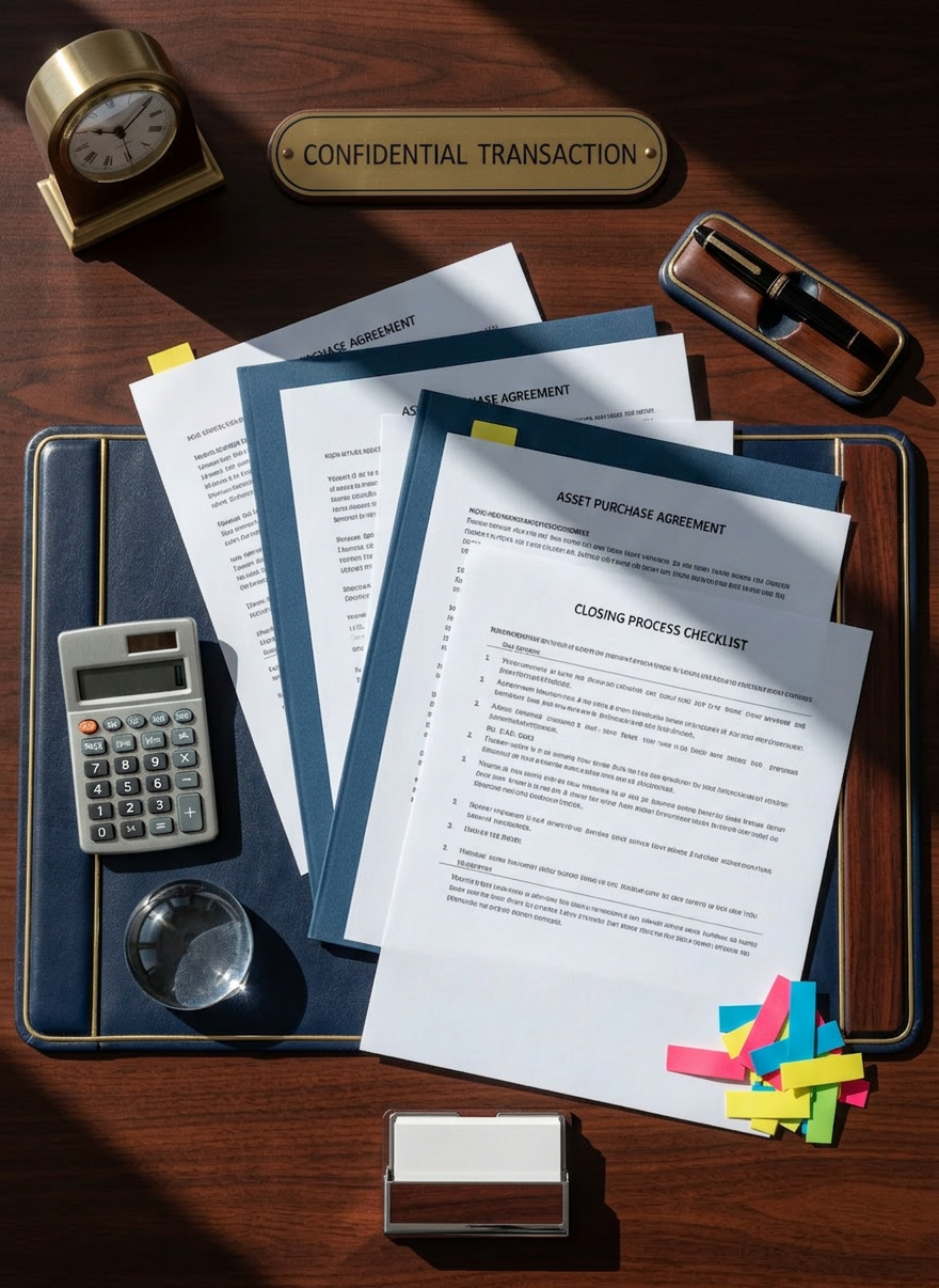 A meticulous flat lay of business transfer documents arranged on a smooth, light oak table: asset purchase agreements, non-disclosure forms, and a detailed checklist labeled â€œClosing Process.â€ A brushed-steel calculator rests beside a stack of crisp, color-coded sticky tabs marking key sections. A small brass desk plaque engraved with â€œConfidential Transactionâ€ sits at the top of the composition. Natural window light from the side creates gentle, directional illumination, highlighting the paper textures and creating subtle shadows between layers. The mood is organized, discreet, and methodical. Photographic realism with a top-down, birdâ€™s-eye view and sharp focus throughout, underscoring the careful, step-by-step nature of professional business brokerage services and buyer-seller representation.