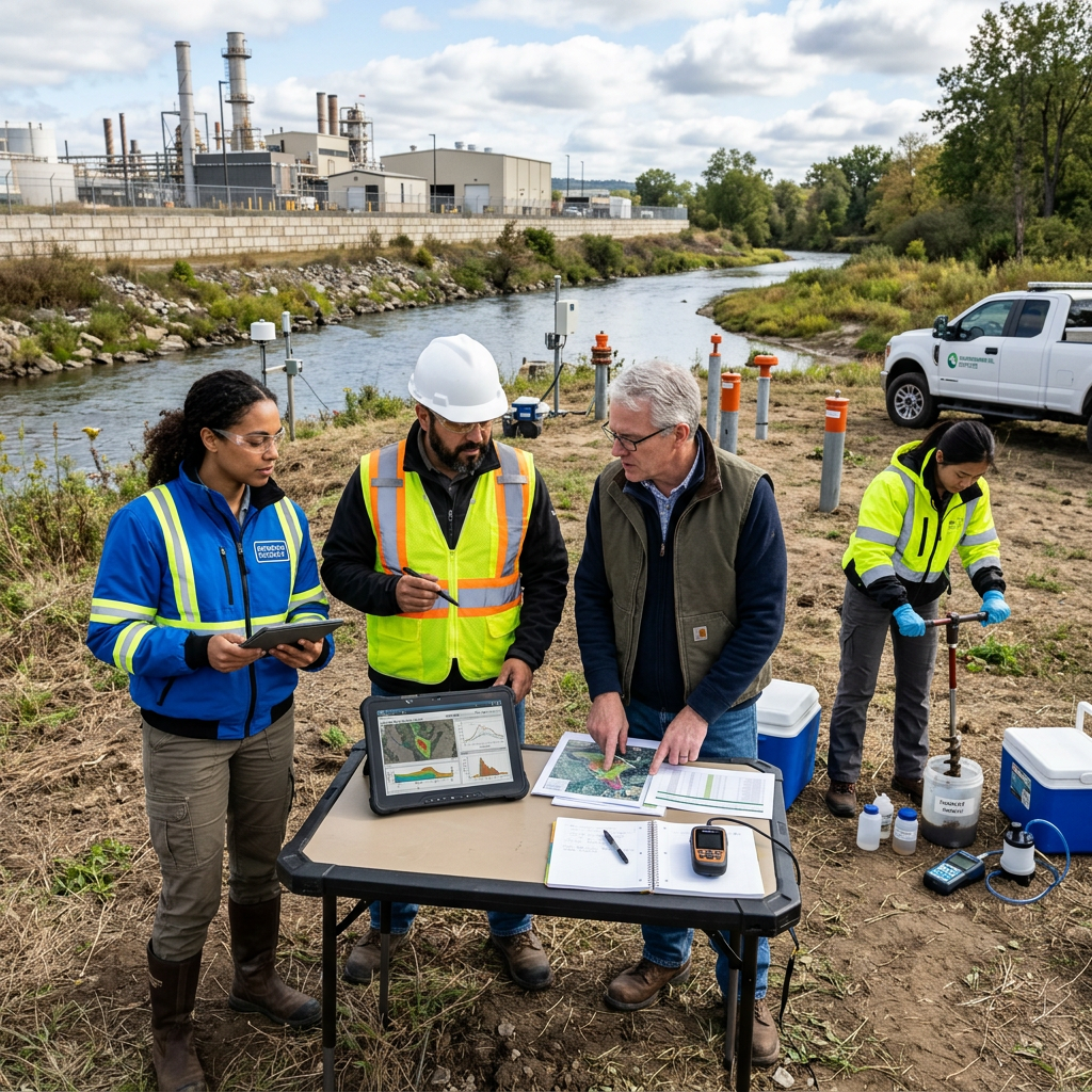 Environmental scientists discussing data at a riverbank monitoring site with equipment and a truck