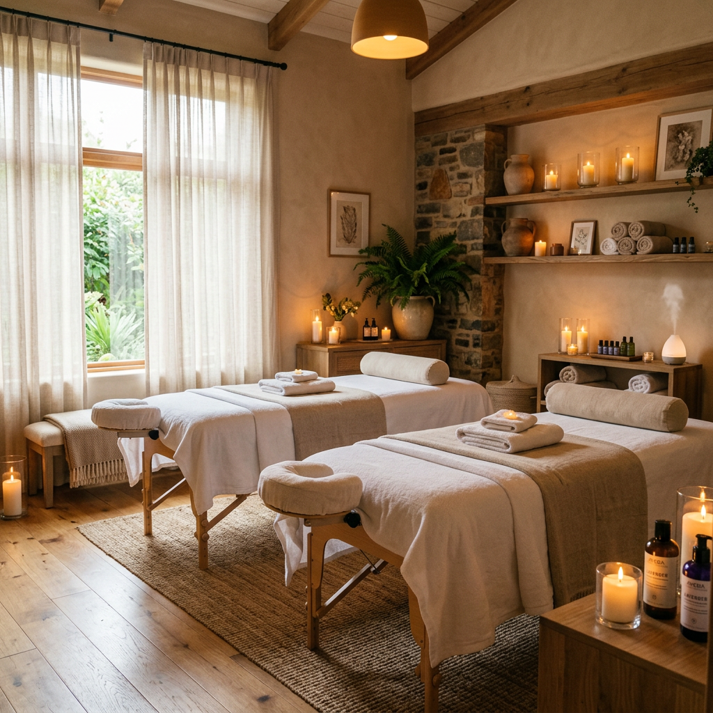 Dual massage tables in a softly lit spa room with candles, plants, and natural tones